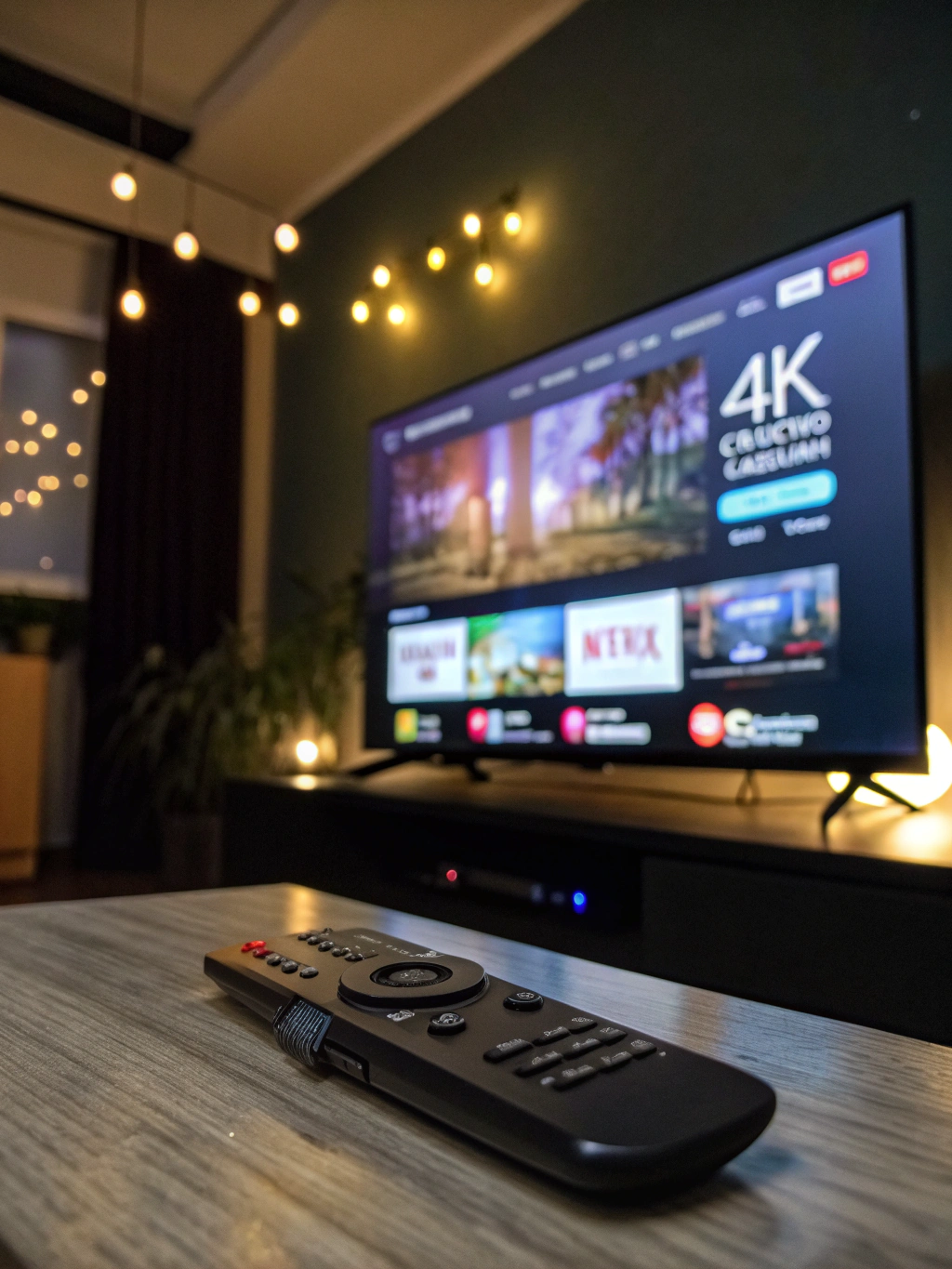 Relaxing living room scene with a large 4K TV displaying crystal clear IPTV content.